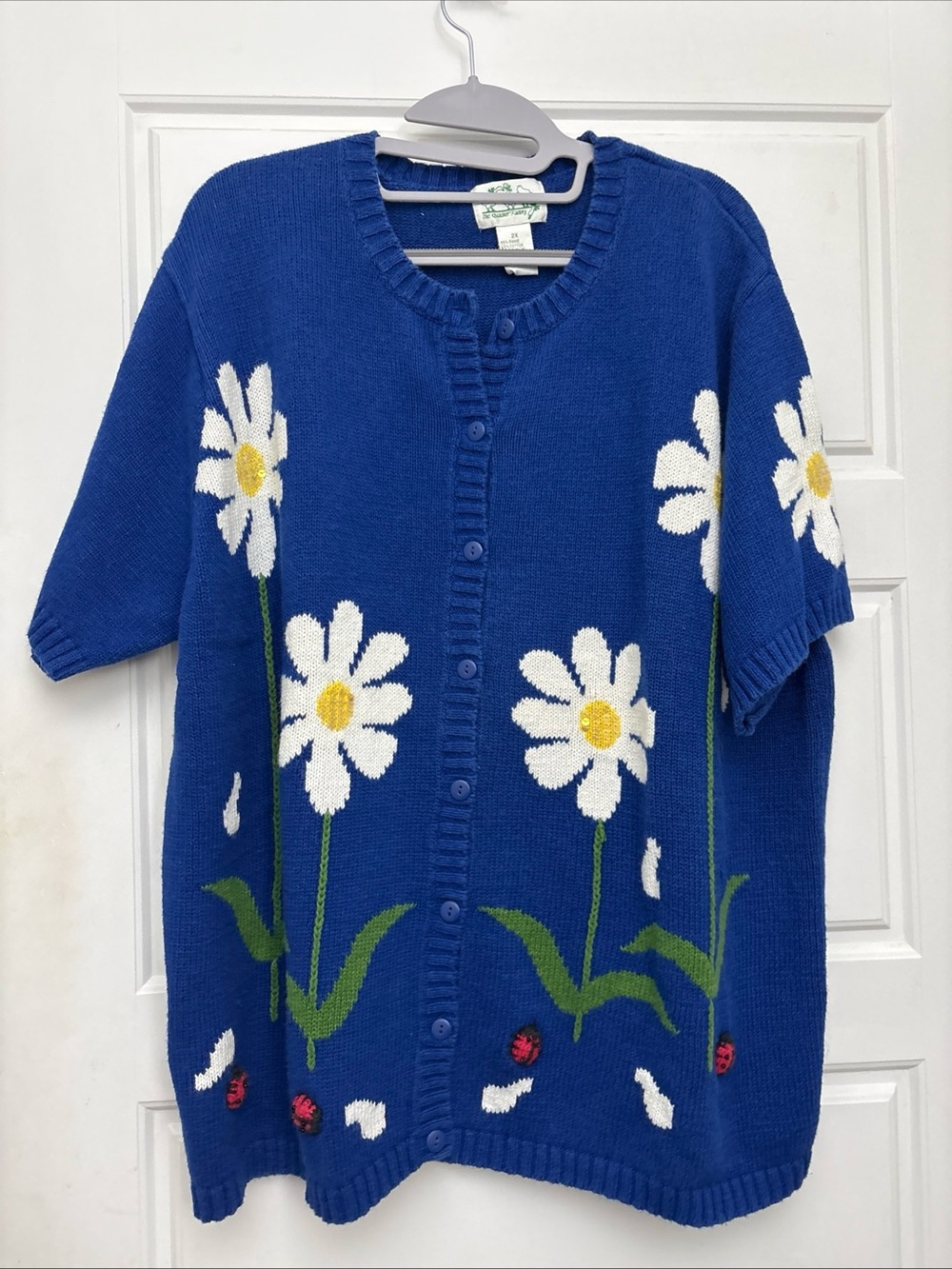 Vtg Quacker Factory Blue Ladybug Daisy Short Sleeve Cardigan Sweater Sz 2X Women